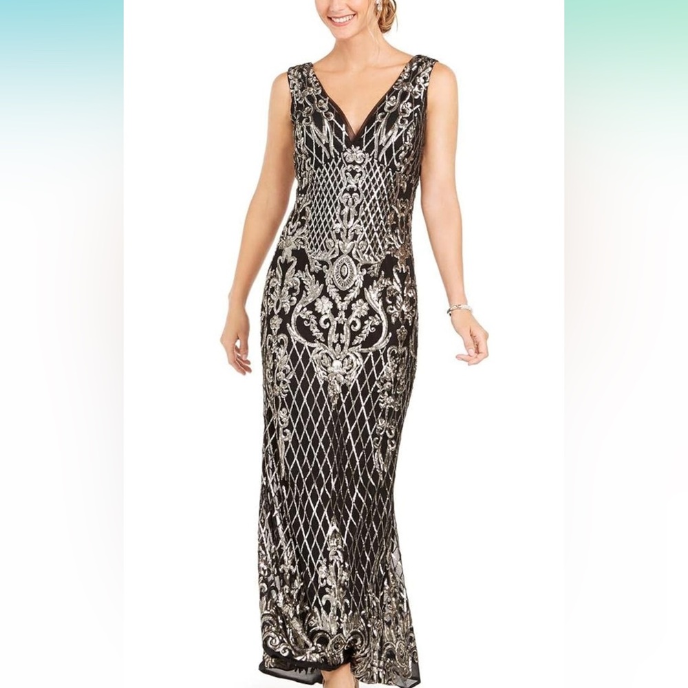 Gold Sequin Black Evening Gown